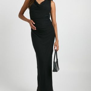 Maternity mesh cowl ruched maxi dress