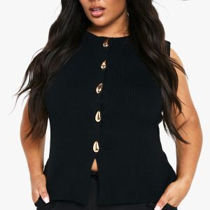 Plus Gold Button Detail Longline Knitted Waistcoat