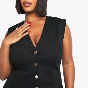Plus Seam Detail Waist Gold Button Waistcoat