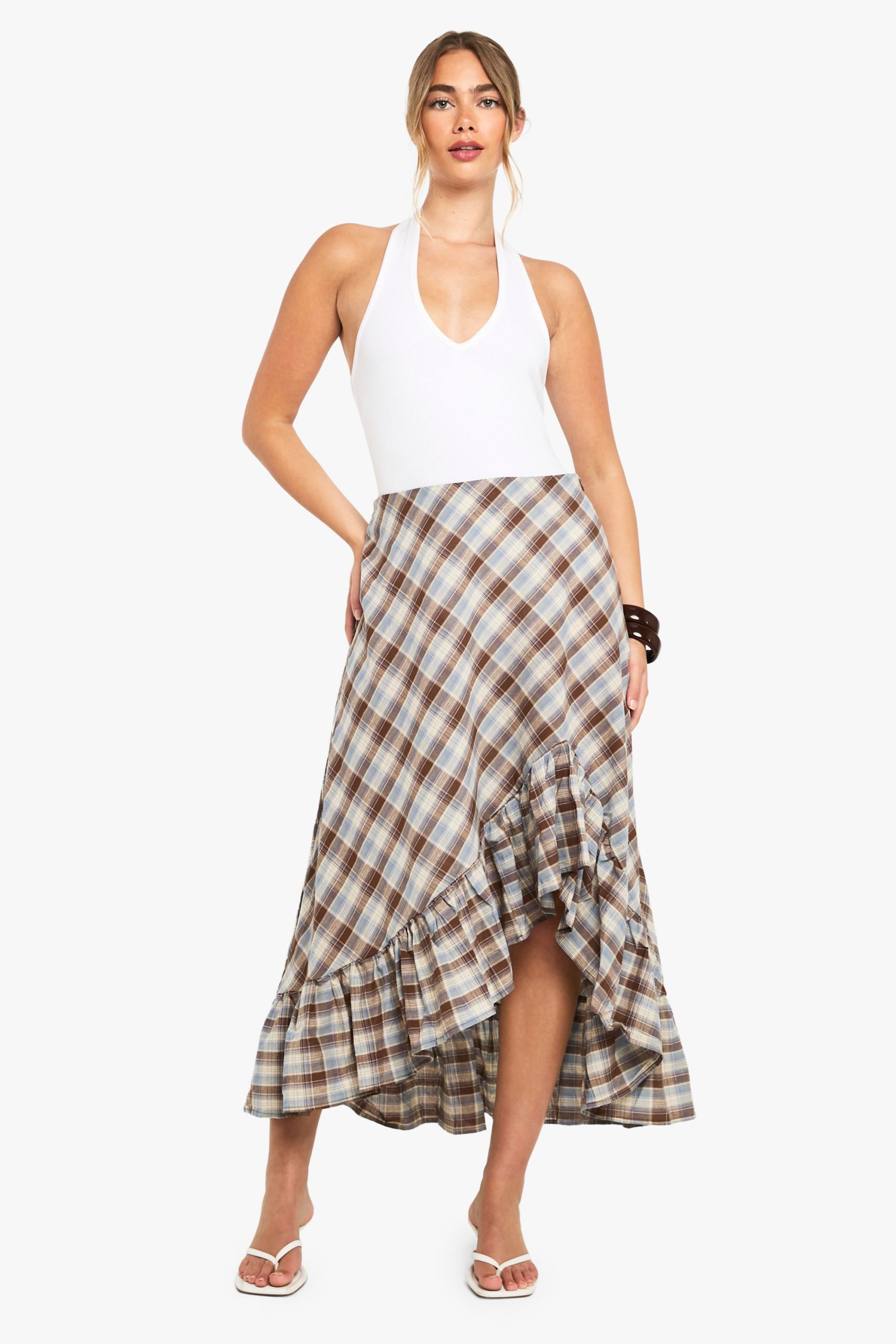 Check Ruffle Asym Midi Skirt - Image 3