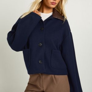 Wool Look Cropped Faux Leather Collar Jacket