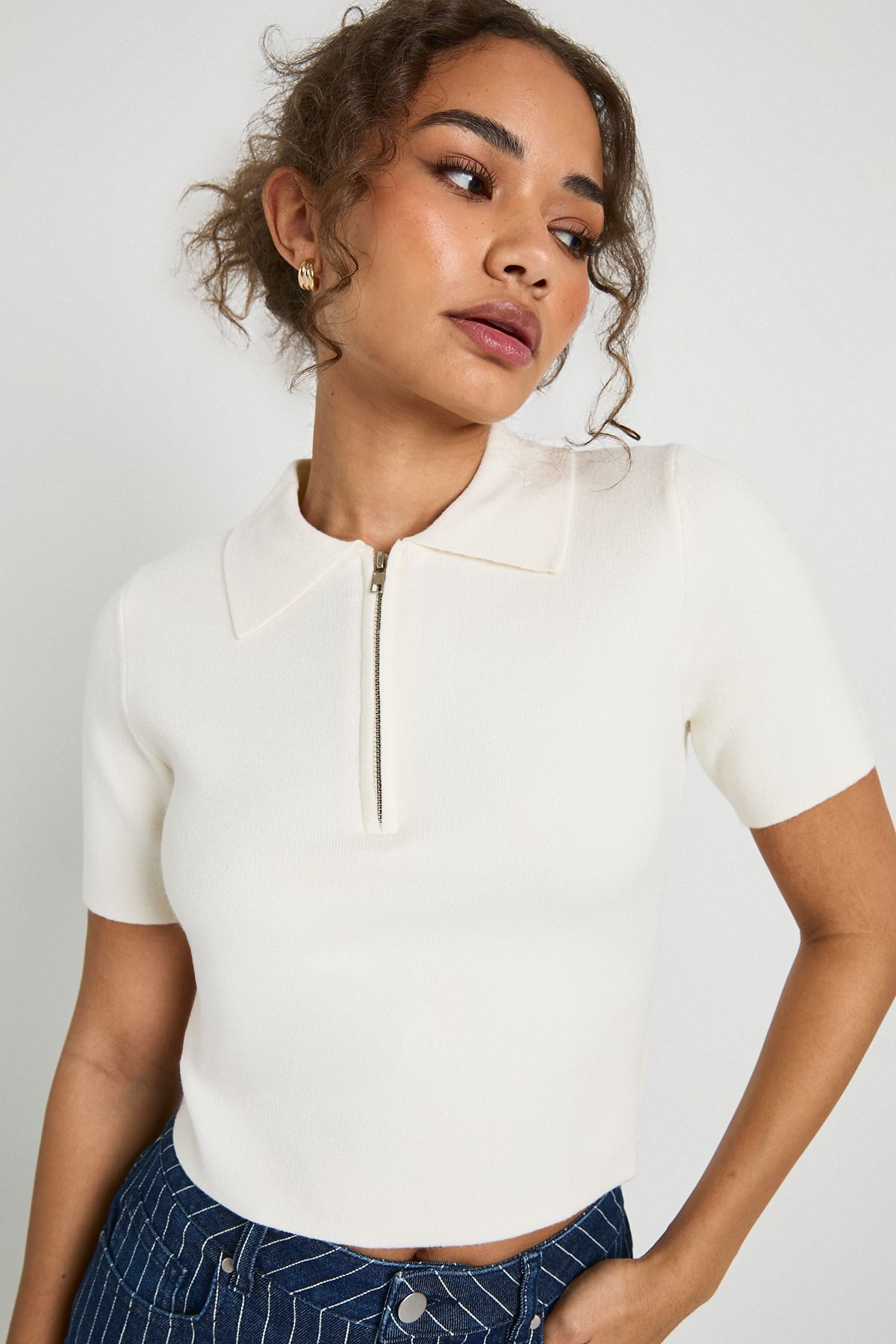 Compact Knit Zip Neck Short Sleeve Top - Image 4
