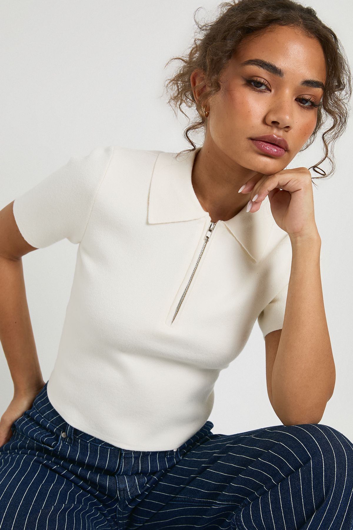 Compact Knit Zip Neck Short Sleeve Top - Image 5
