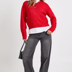V Neck Pocket Detail Oversized Knitted Jumper