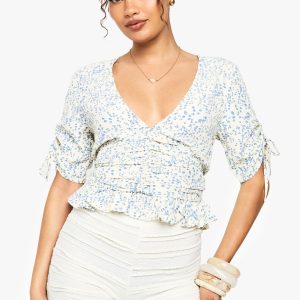 Woven Floral Print Frill Top