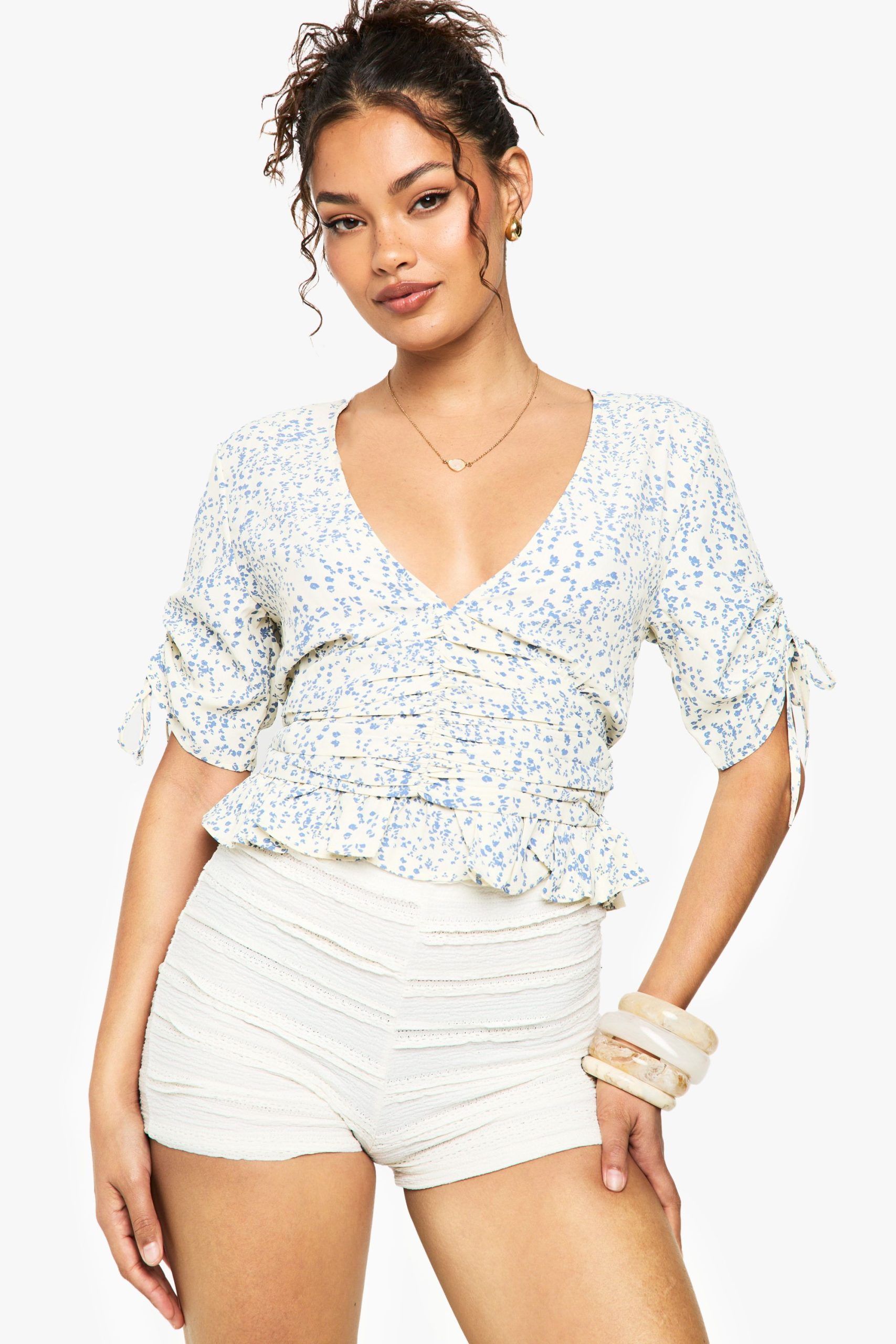 Woven Floral Print Frill Top