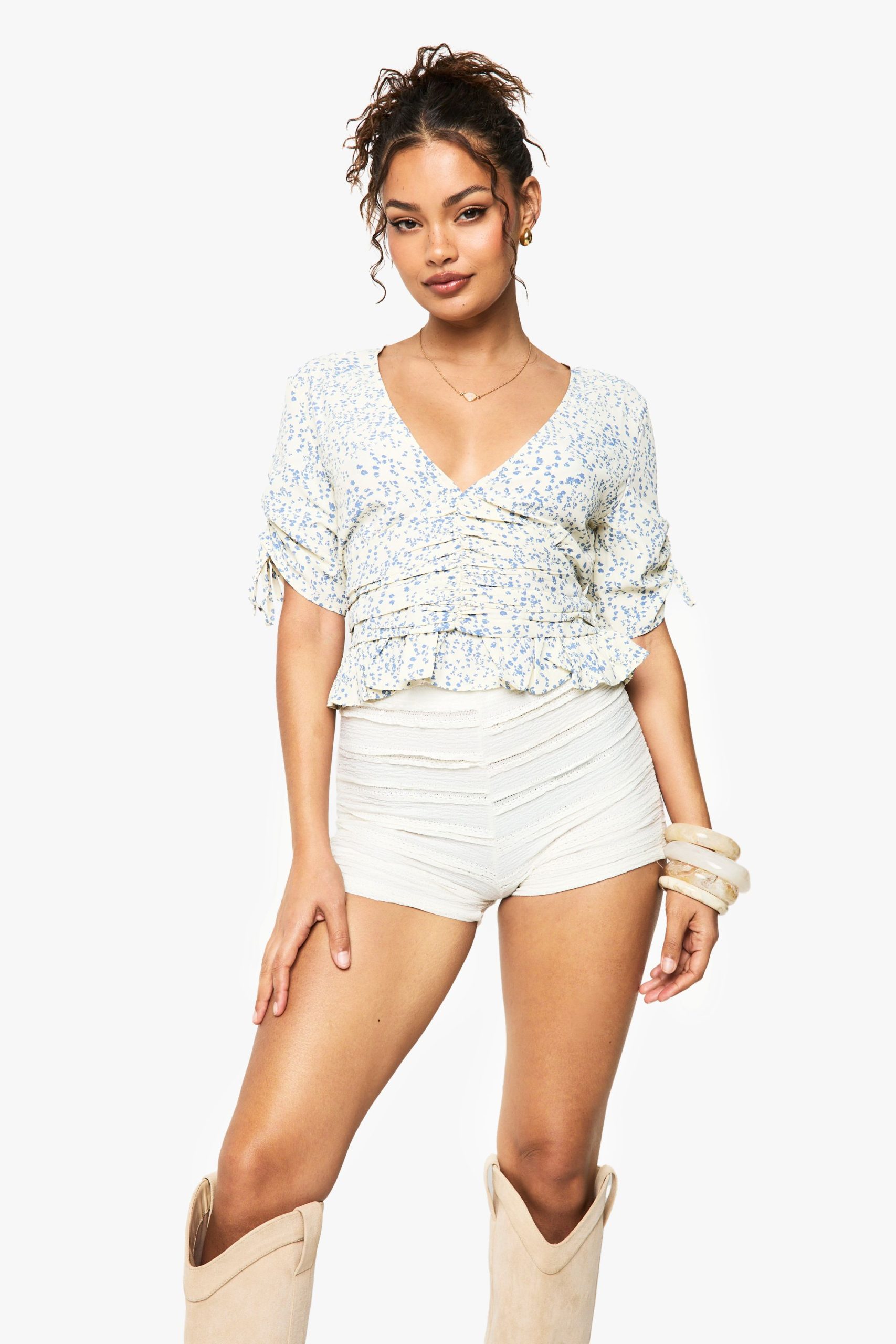 Woven Floral Print Frill Top - Image 4