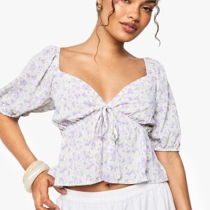 Woven Floral Print Puff Sleeve Smock Top