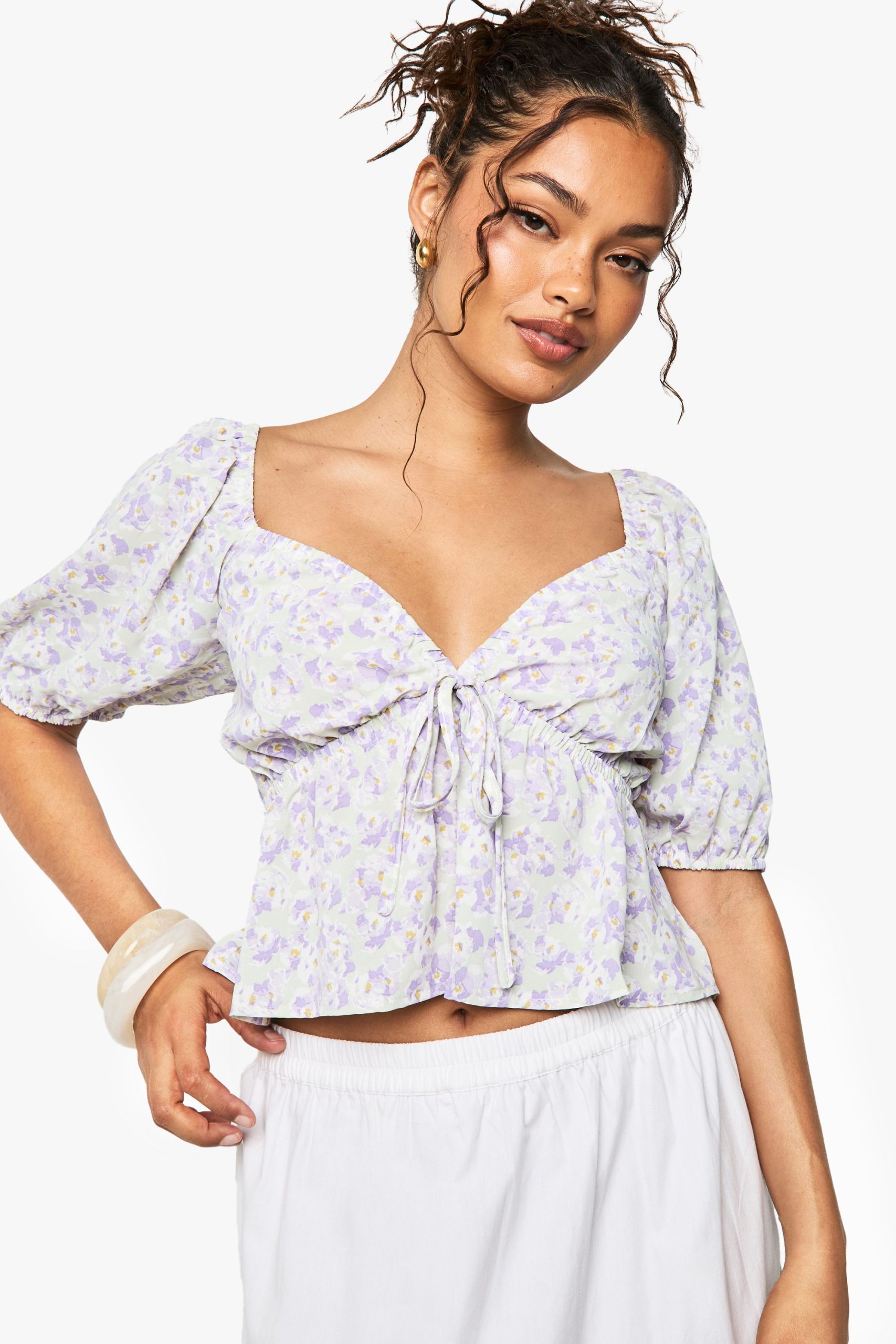 Woven Floral Print Puff Sleeve Smock Top