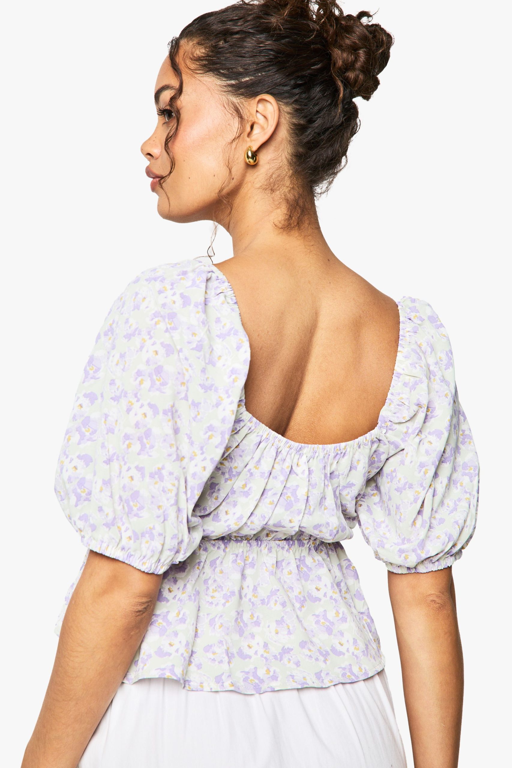 Woven Floral Print Puff Sleeve Smock Top - Image 2