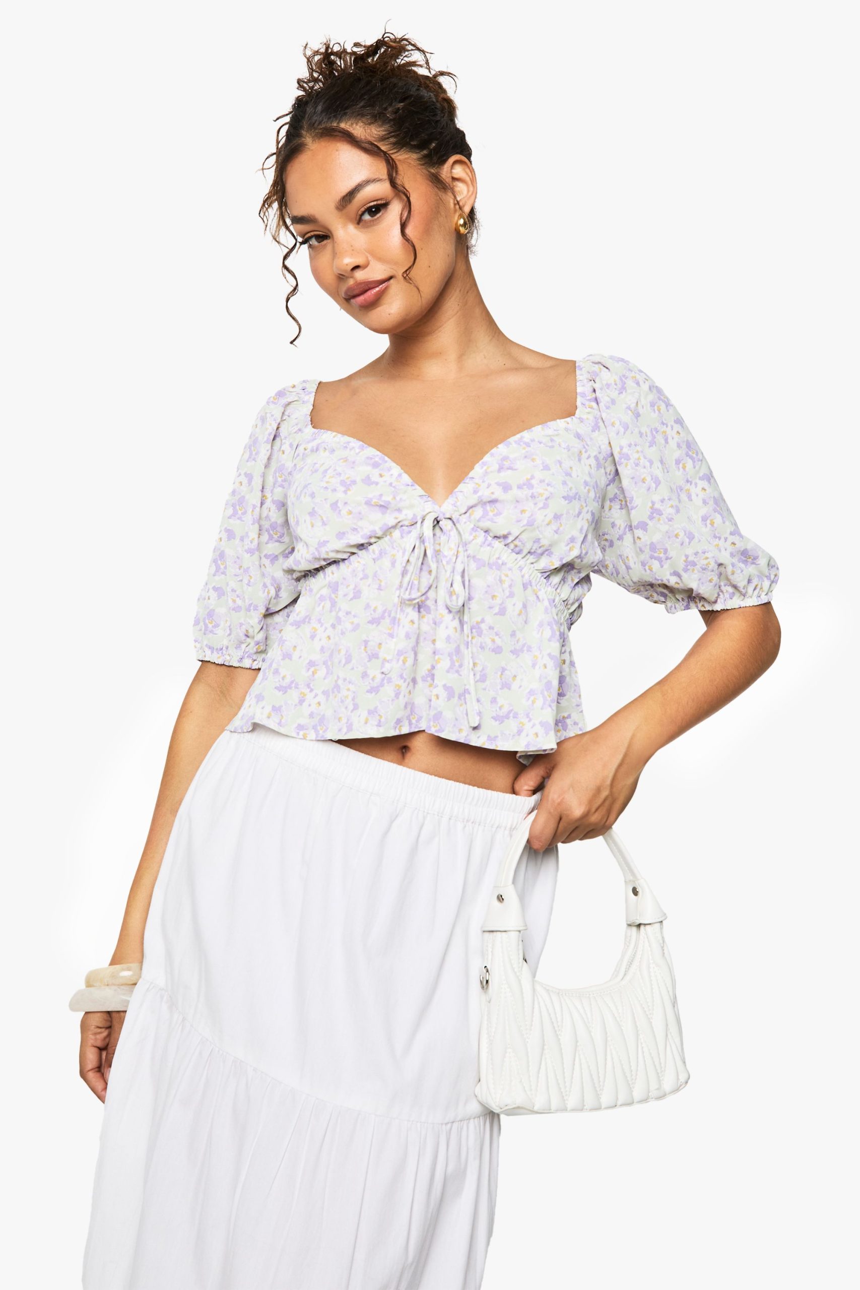 Woven Floral Print Puff Sleeve Smock Top - Image 3
