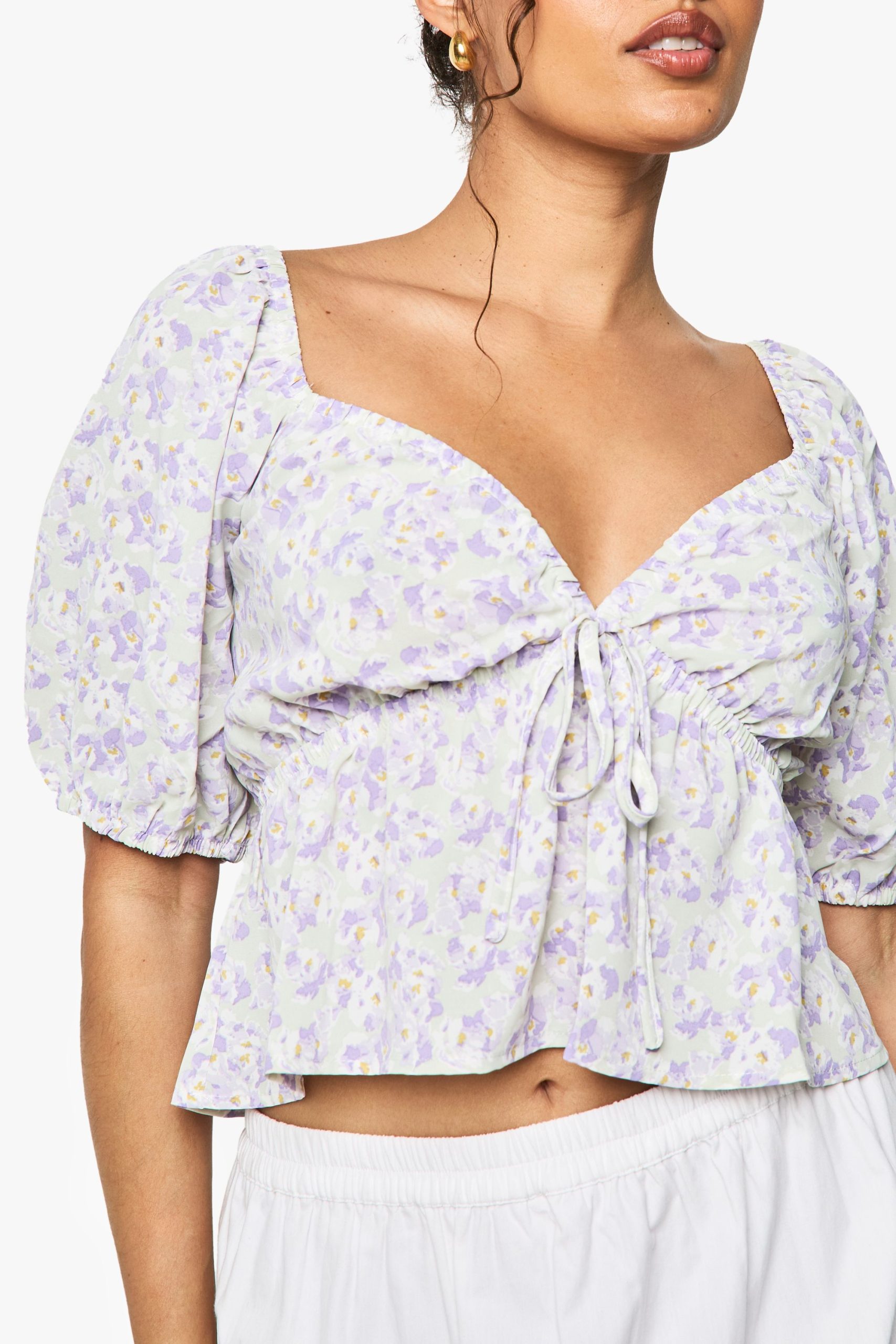 Woven Floral Print Puff Sleeve Smock Top - Image 4
