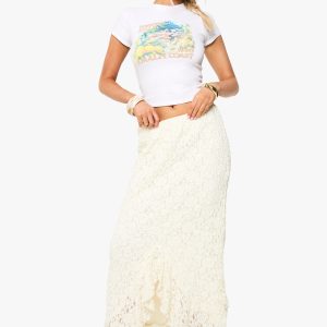Ruffle Lace Asymmetric Hem Midi Skirt