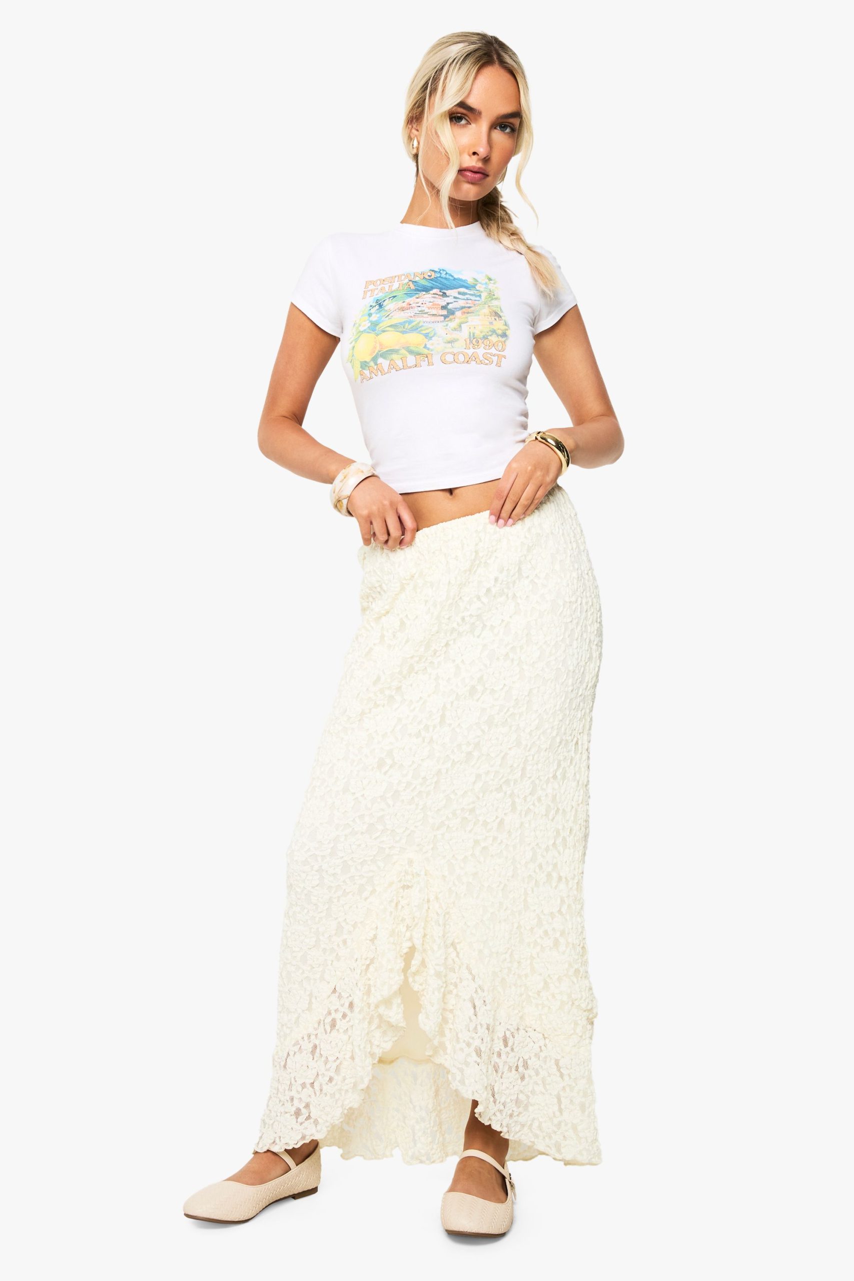 Ruffle Lace Asymmetric Hem Midi Skirt