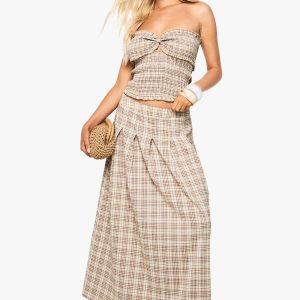 Check Pleated Split Midi Skirt