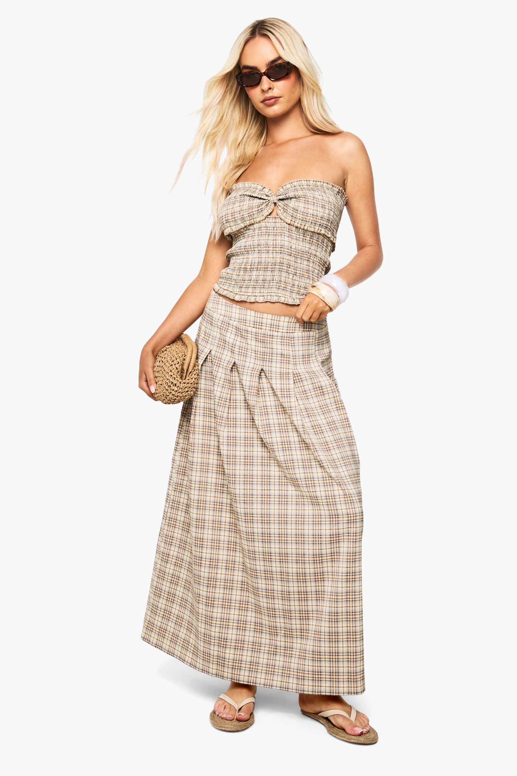 Check Pleated Split Midi Skirt