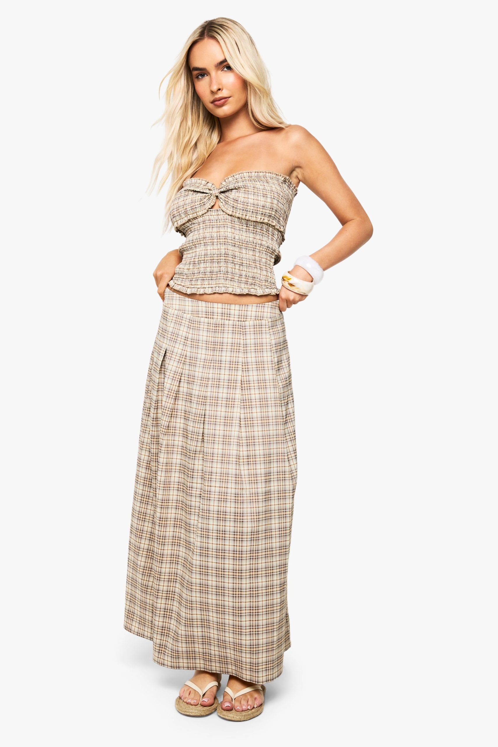 Check Pleated Split Midi Skirt - Image 3
