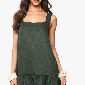 Linen Look Square Neck Drop Hem Mini Dress
