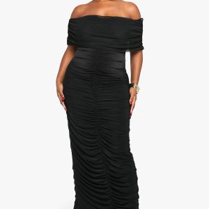 Plus Mesh Bardot Ruched Maxi Dress