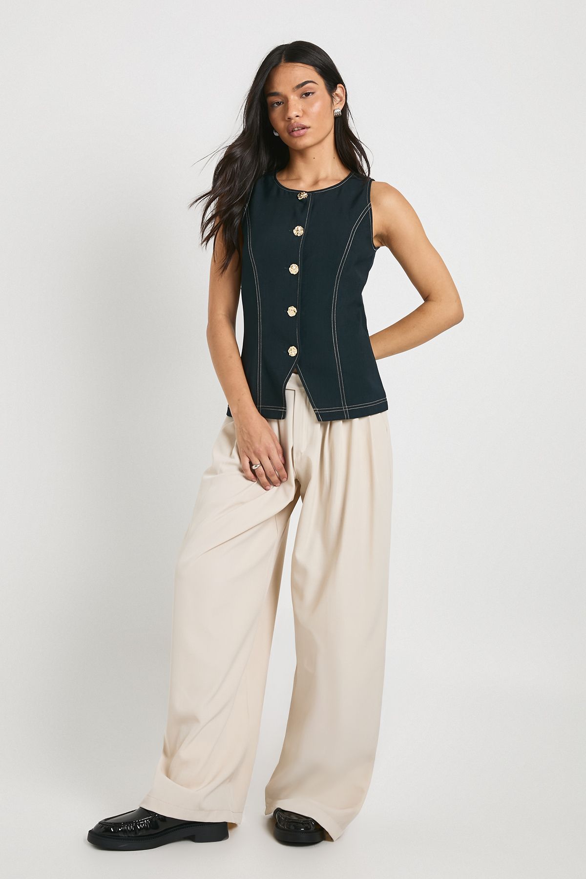 Gold Button Contrast Stitch Waistcoat - Image 3