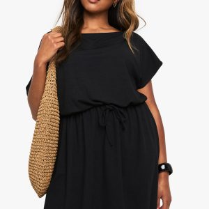 Plus Rib Off Shoulder Tie Waist Mini Dress