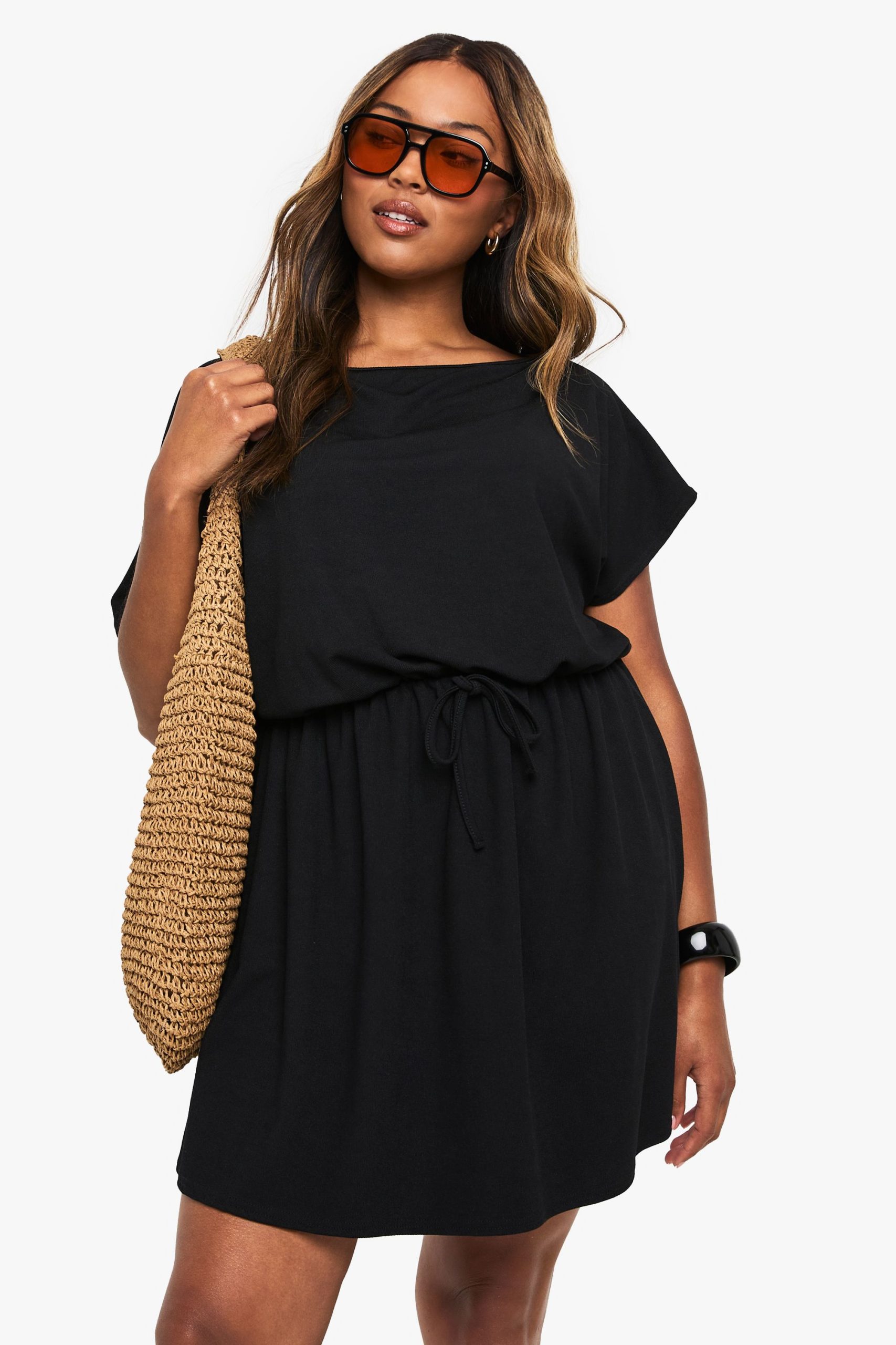 Plus Rib Off Shoulder Tie Waist Mini Dress