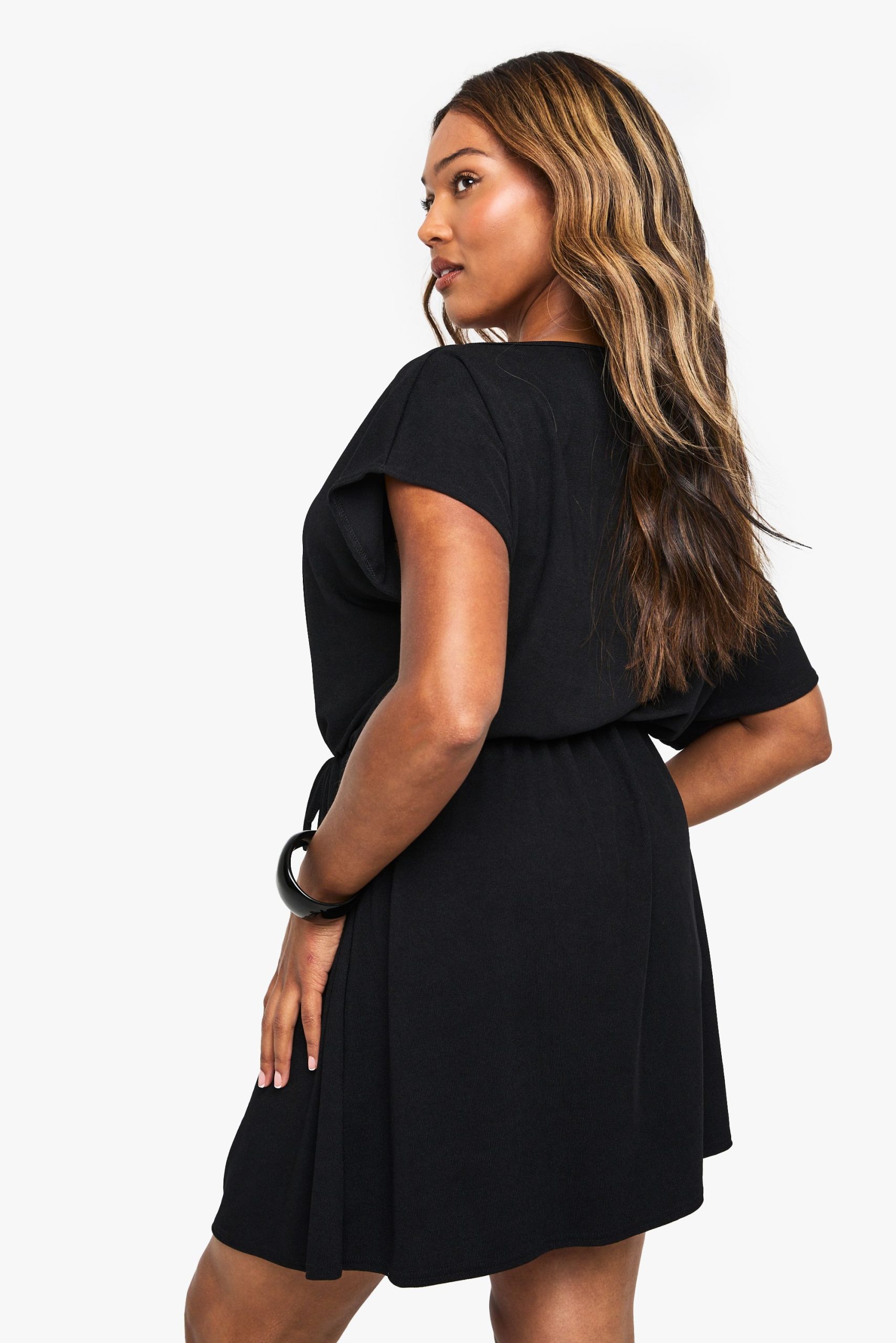 Plus Rib Off Shoulder Tie Waist Mini Dress - Image 2