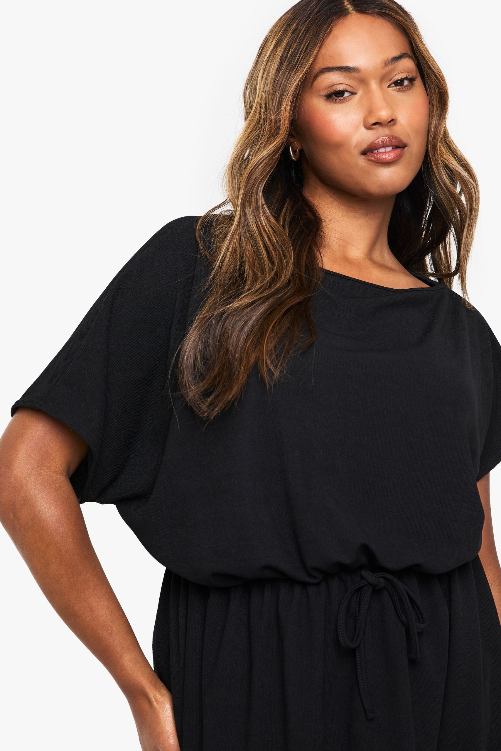 Plus Rib Off Shoulder Tie Waist Mini Dress - Image 4