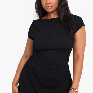 Plus Rib Cap Sleeve Ruched Mini Dress