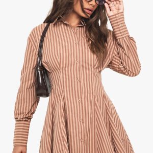 Stripe Cinched Waist Skater Skirt Dress