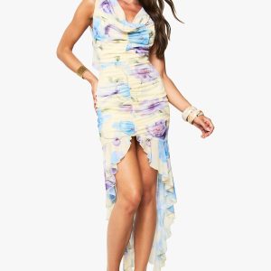 Floral Mesh Ruched Maxi Dress