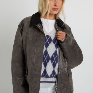 Suede Look Contrast Stitching Collared Jacket