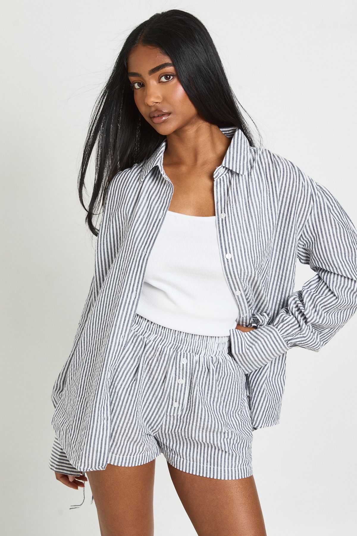 Crinkle Stripe Tie Cuff Shirt and Short Co-ord