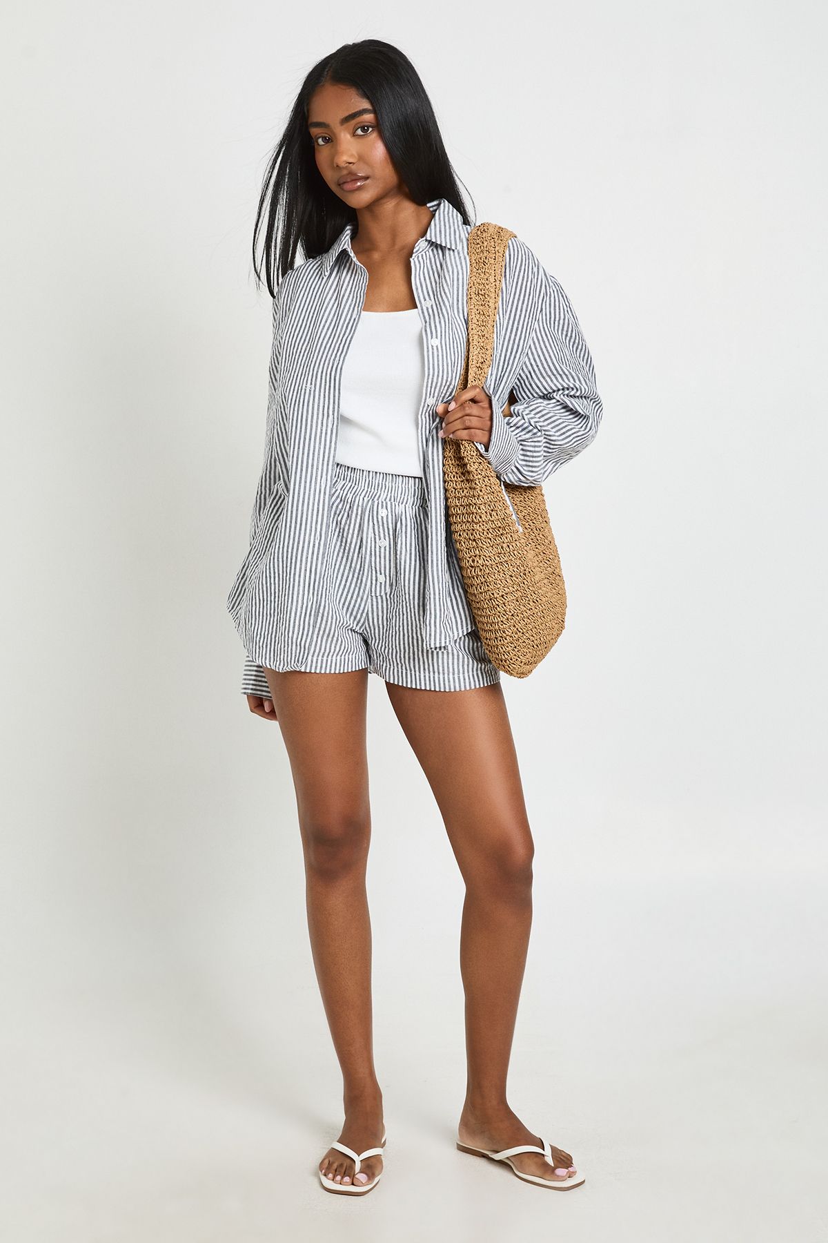 Crinkle Stripe Tie Cuff Shirt and Short Co-ord - Image 4