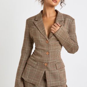 Tonal Check Cinched Waist Blazer