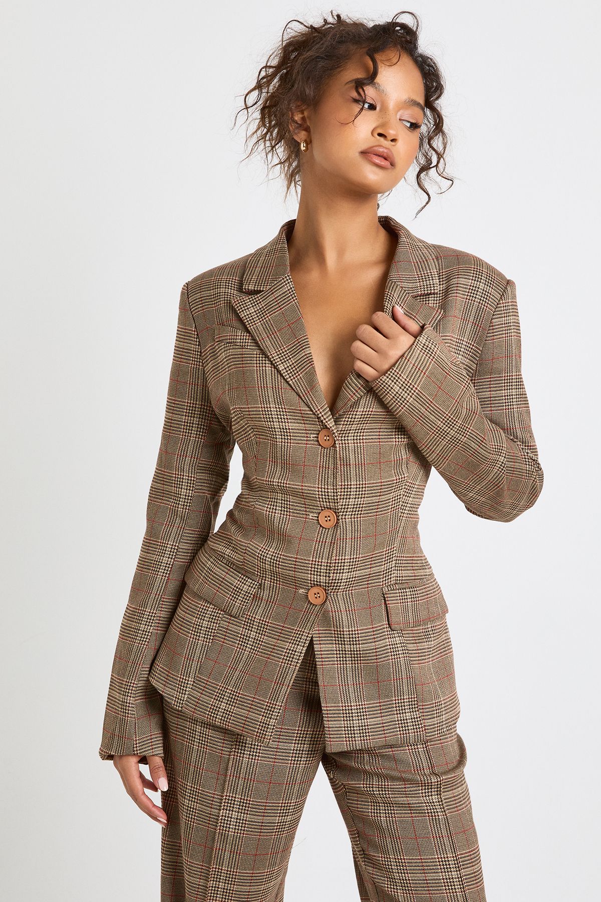 Tonal Check Cinched Waist Blazer