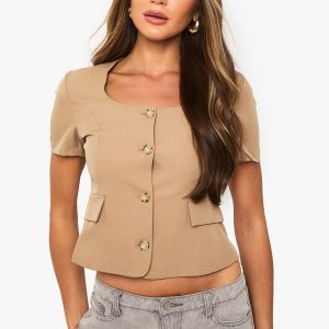Short Sleeve Button Down Tailored Top