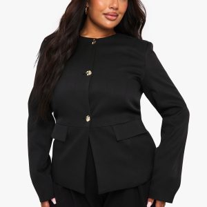Plus Crew Neck Gold Button Peplum Blazer