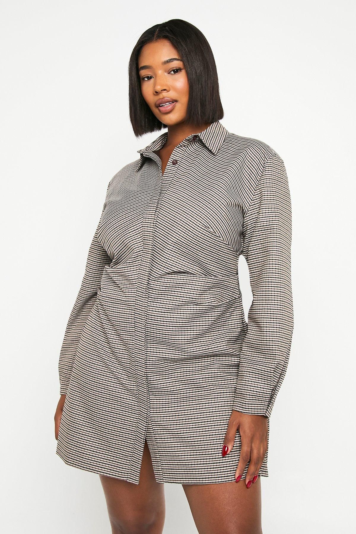 Plus Check Ruched Side Shirt Dress - Image 5
