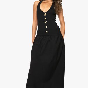 Starfish Gold Trim Rib Poplin Mix Midaxi Dress