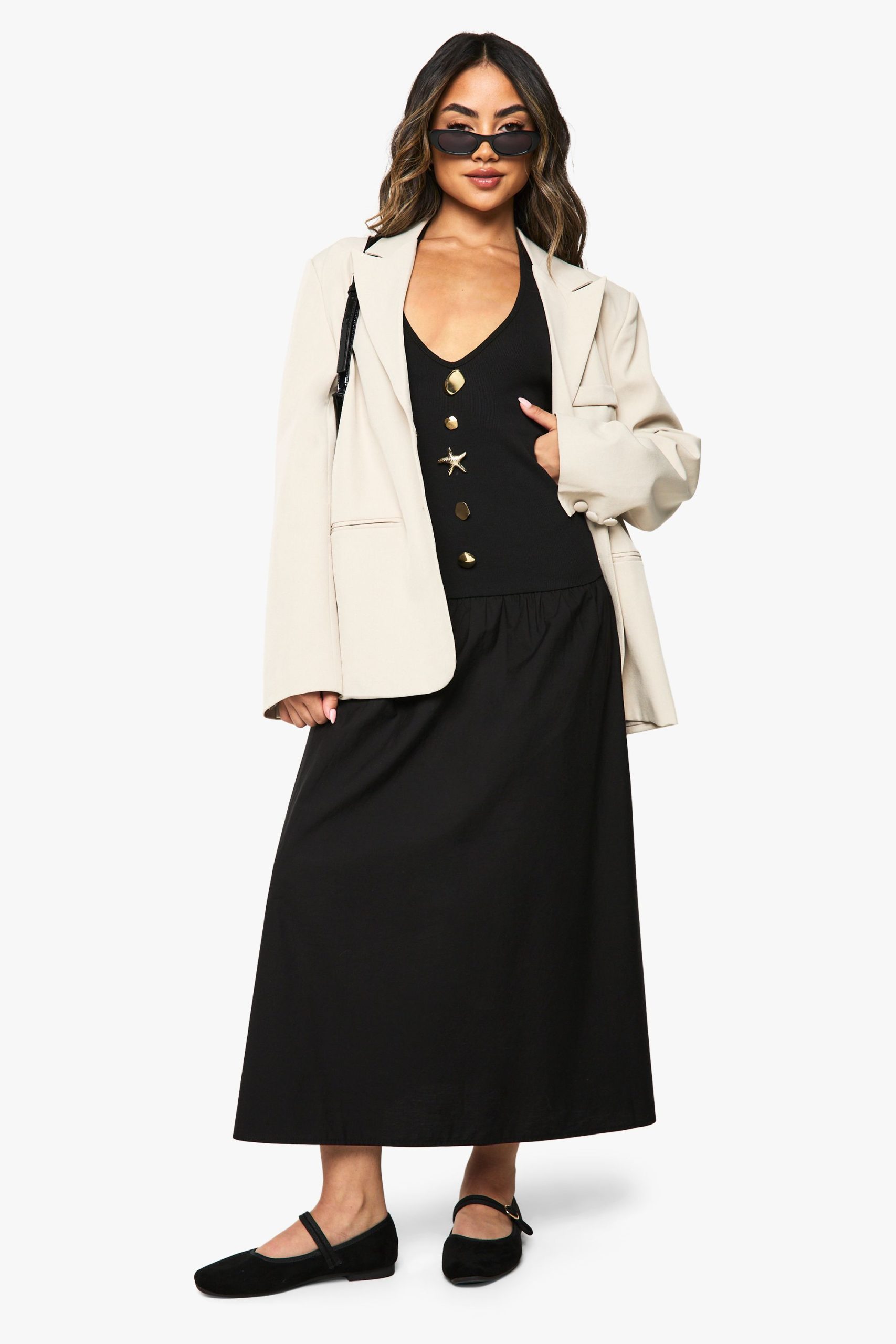 Starfish Gold Trim Rib Poplin Mix Midaxi Dress - Image 3