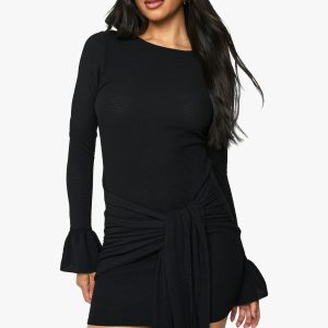 Textured Wrap Detail Flared Sleeve Mini Dress