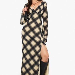 Check Chiffon Plunge Maxi Dress