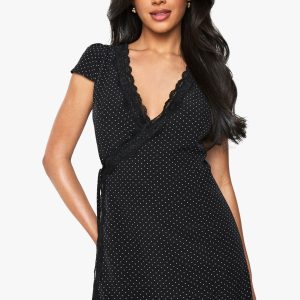 Polka Dot Lace Trim Wrap Mini Dress