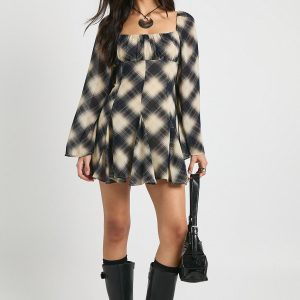Check Chiffon Godet Mini Dress