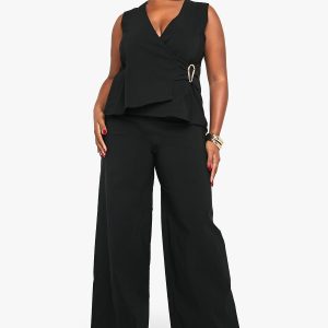 Plus Gold Detail Waistcoat And Wide Leg Trouser