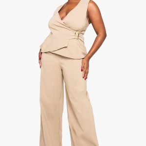 Plus Gold Detail Waistcoat And Wide Leg Trouser