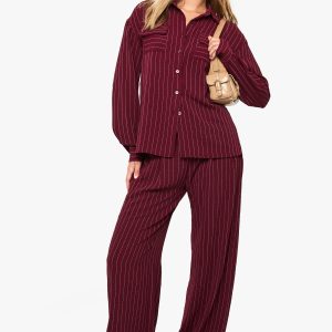 Woven Striped Pleated Wide Leg Trousers