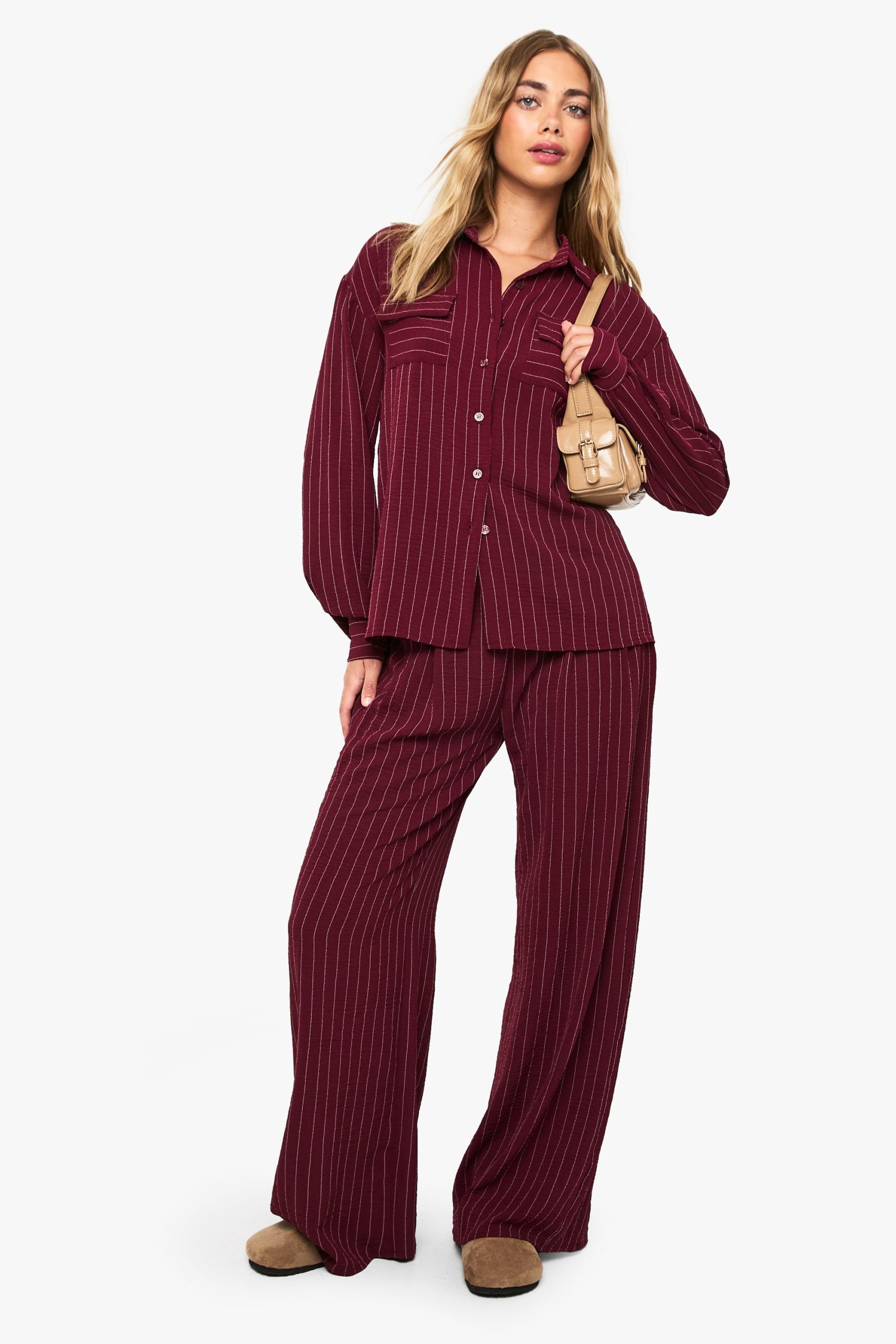 Woven Striped Pleated Wide Leg Trousers