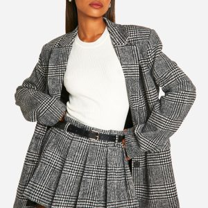 Premium Wool Look Check Belted Mini Skirt